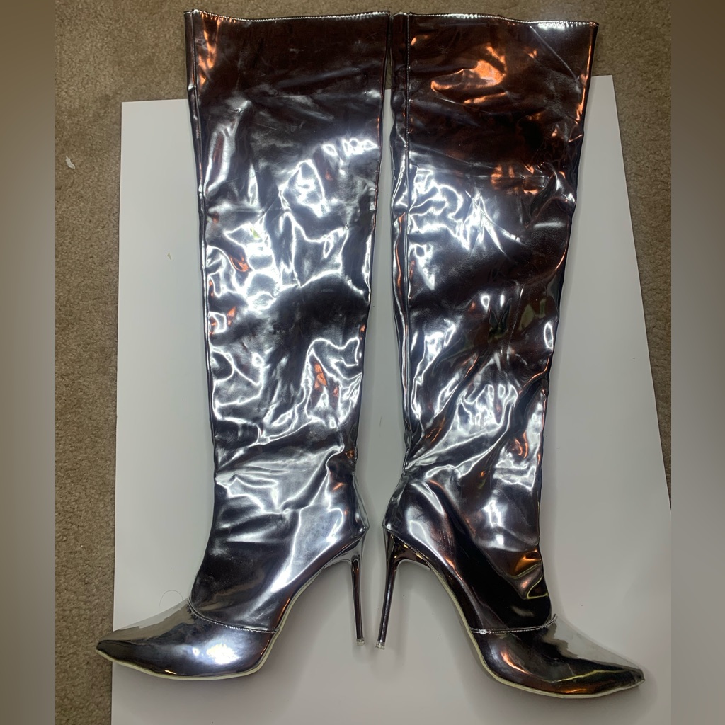 Metallic Mirror Pointed Toe Over The Knee Boots - Size 10 (Fit Size 9)